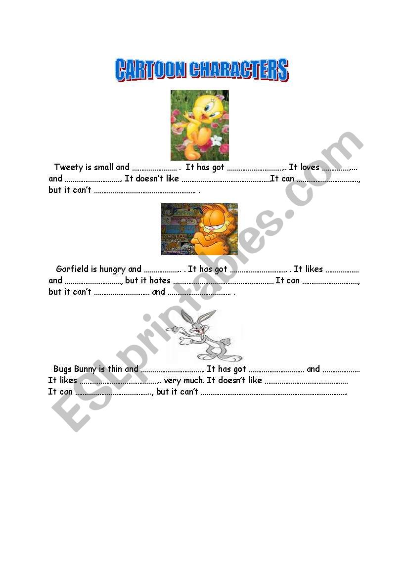 English Worksheets: Cartoon Characters Description