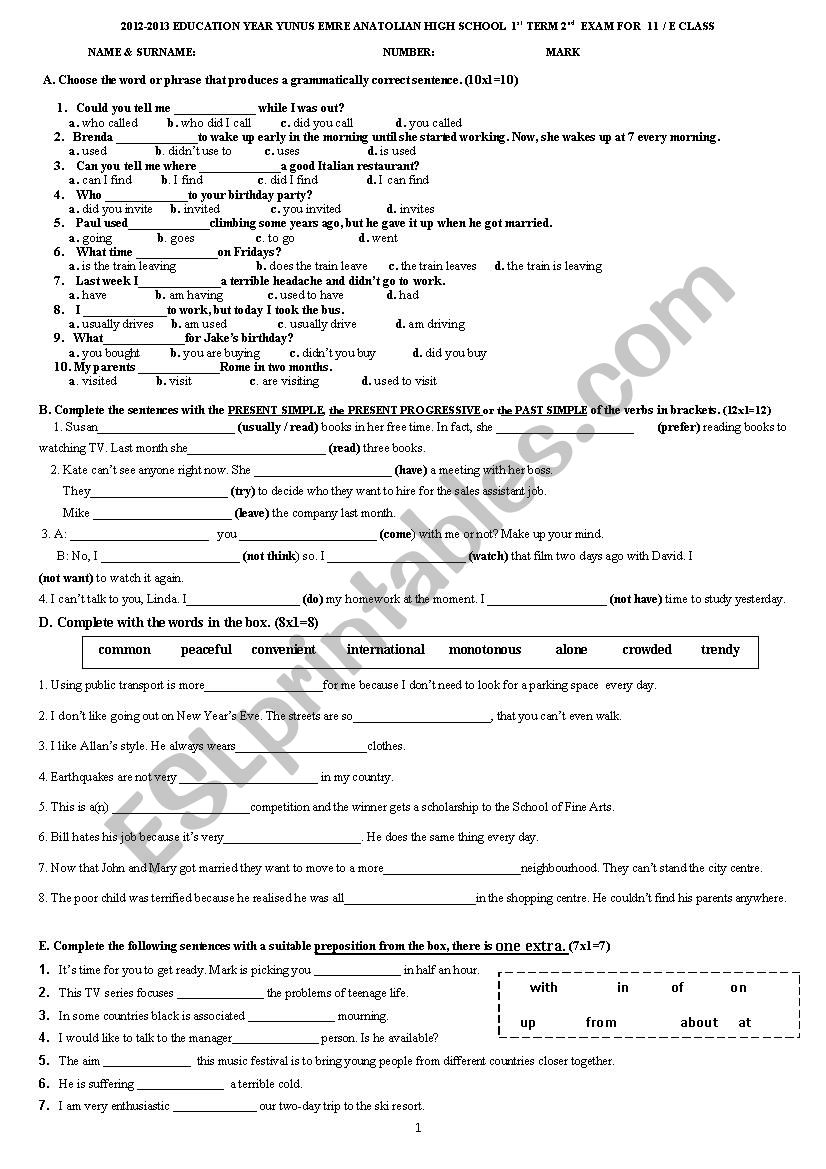 exam worksheet