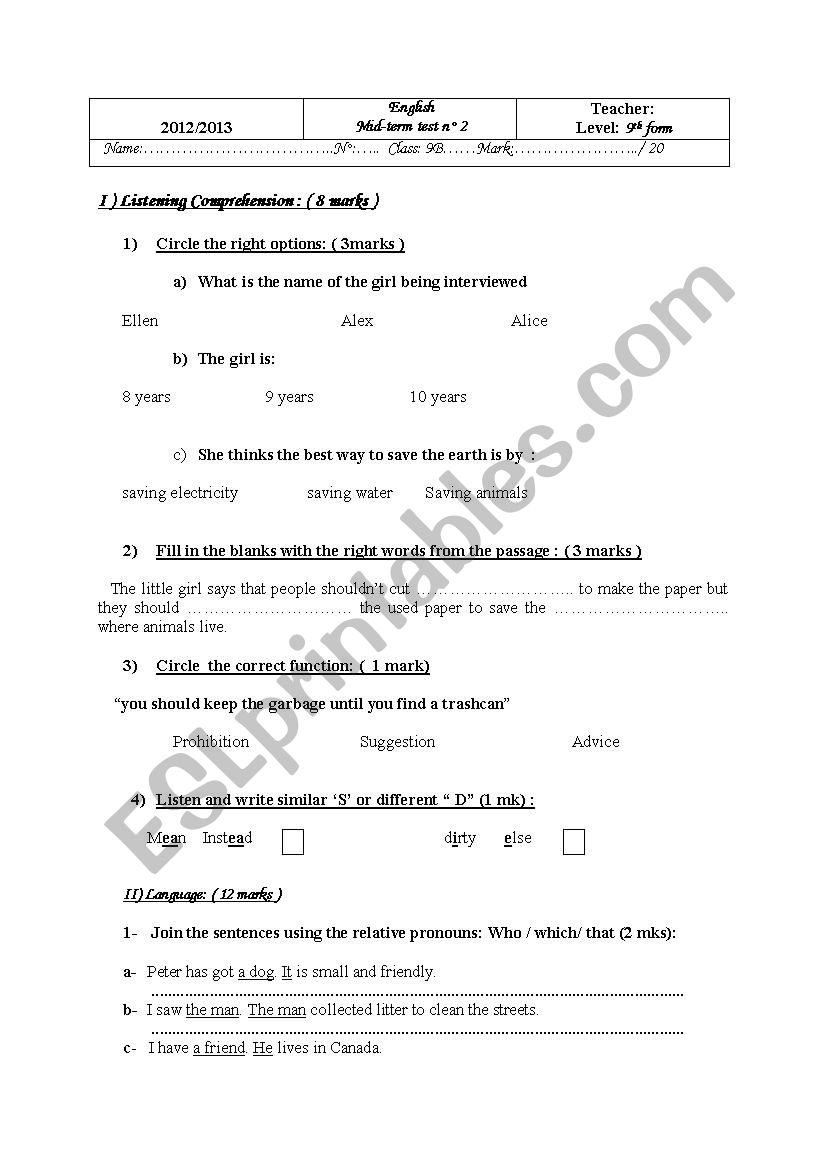 9th form mid-term test n°2 - ESL worksheet by botolo