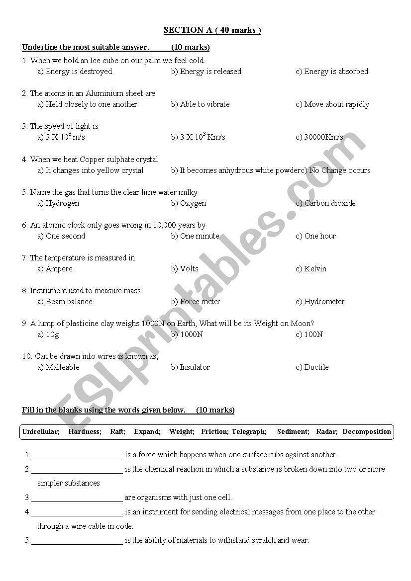 6th science worksheet