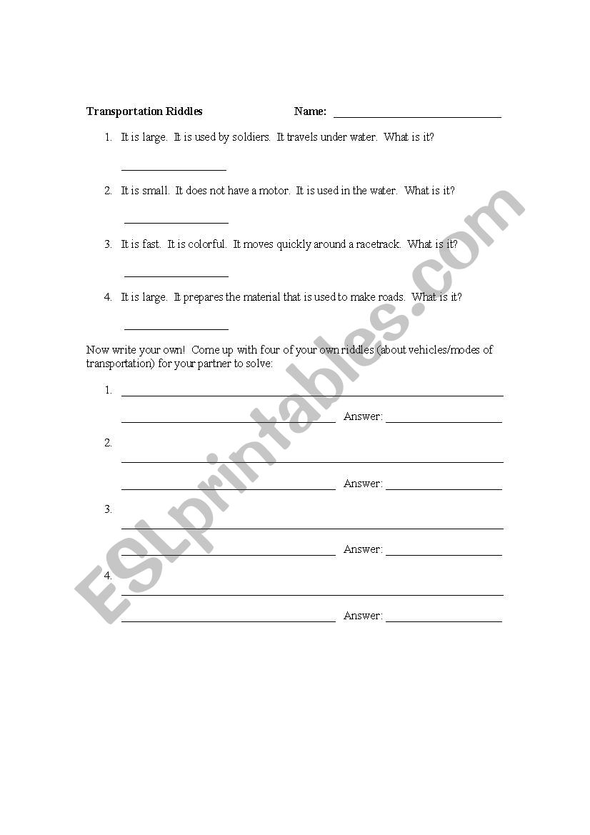 Transportation Riddles worksheet