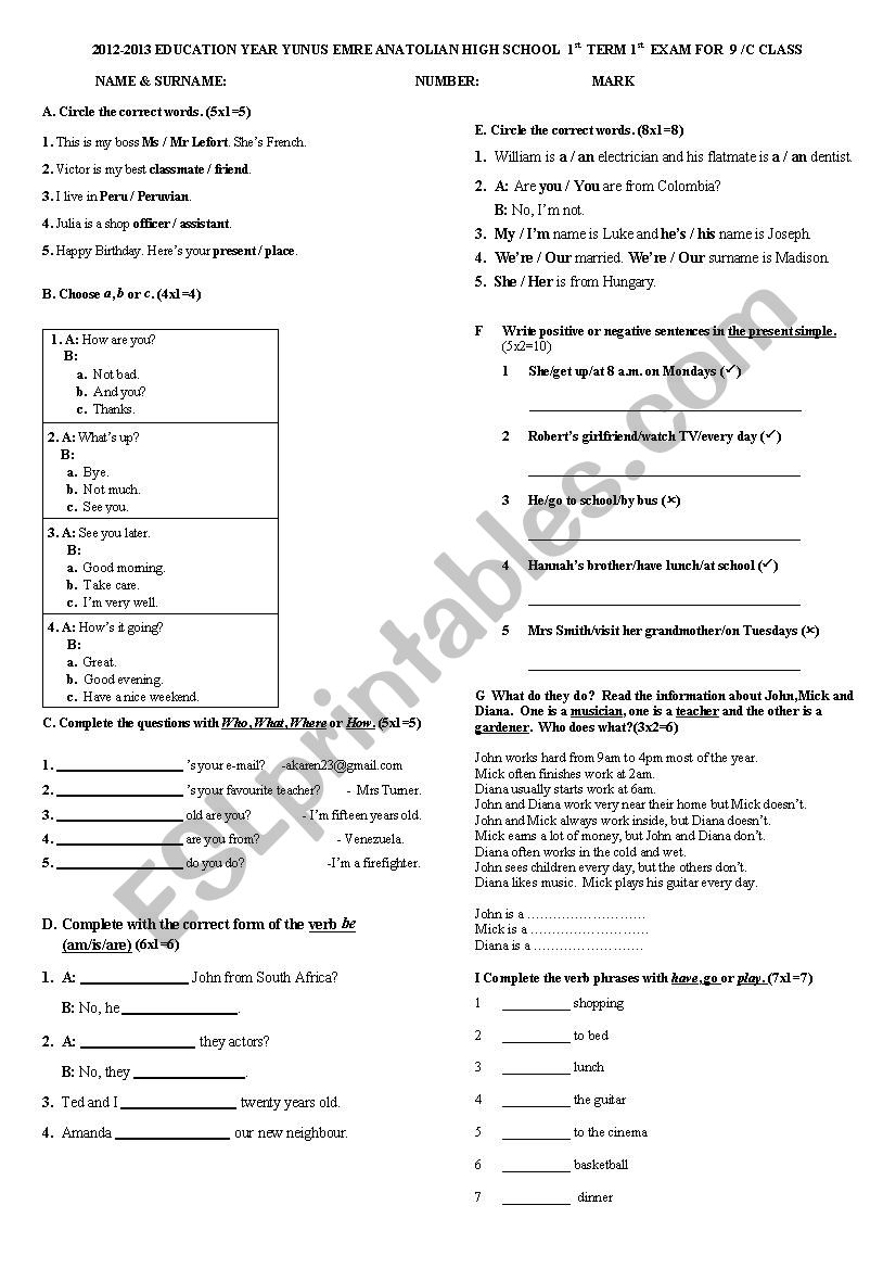 exam worksheet