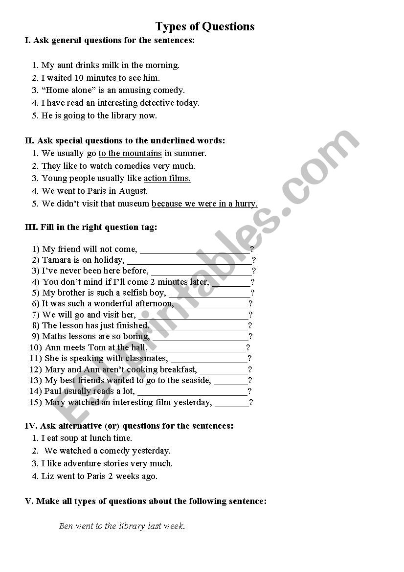 Types Of Questions ESL Worksheet By Nighti flower