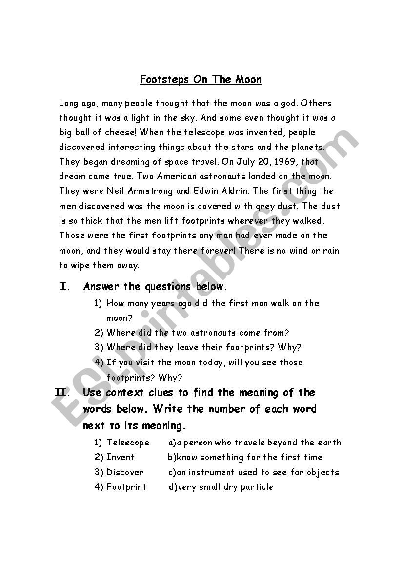 Footsteps On The Moon worksheet