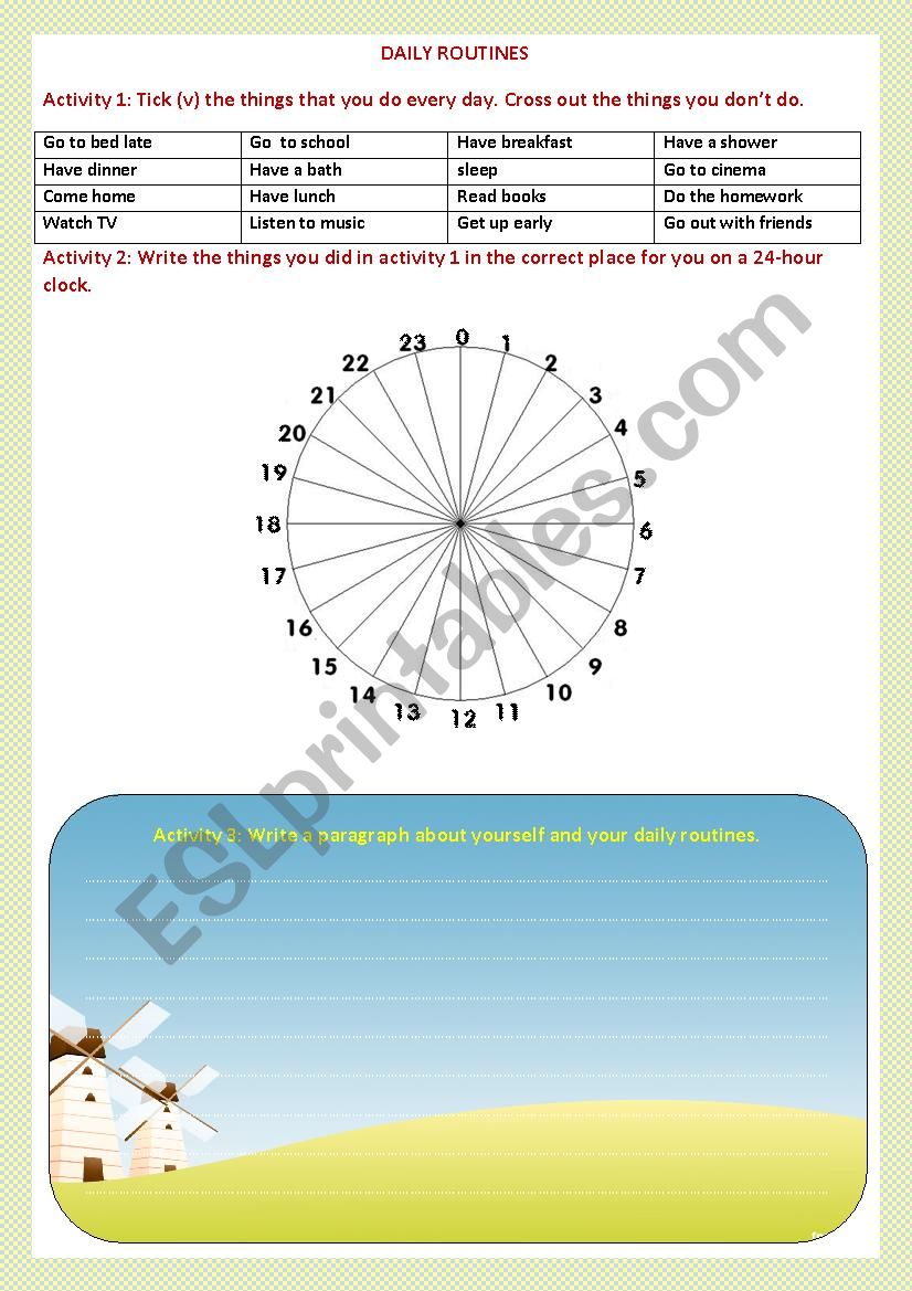 Daily Routines With A 24 hour Clock ESL Worksheet By Dokim