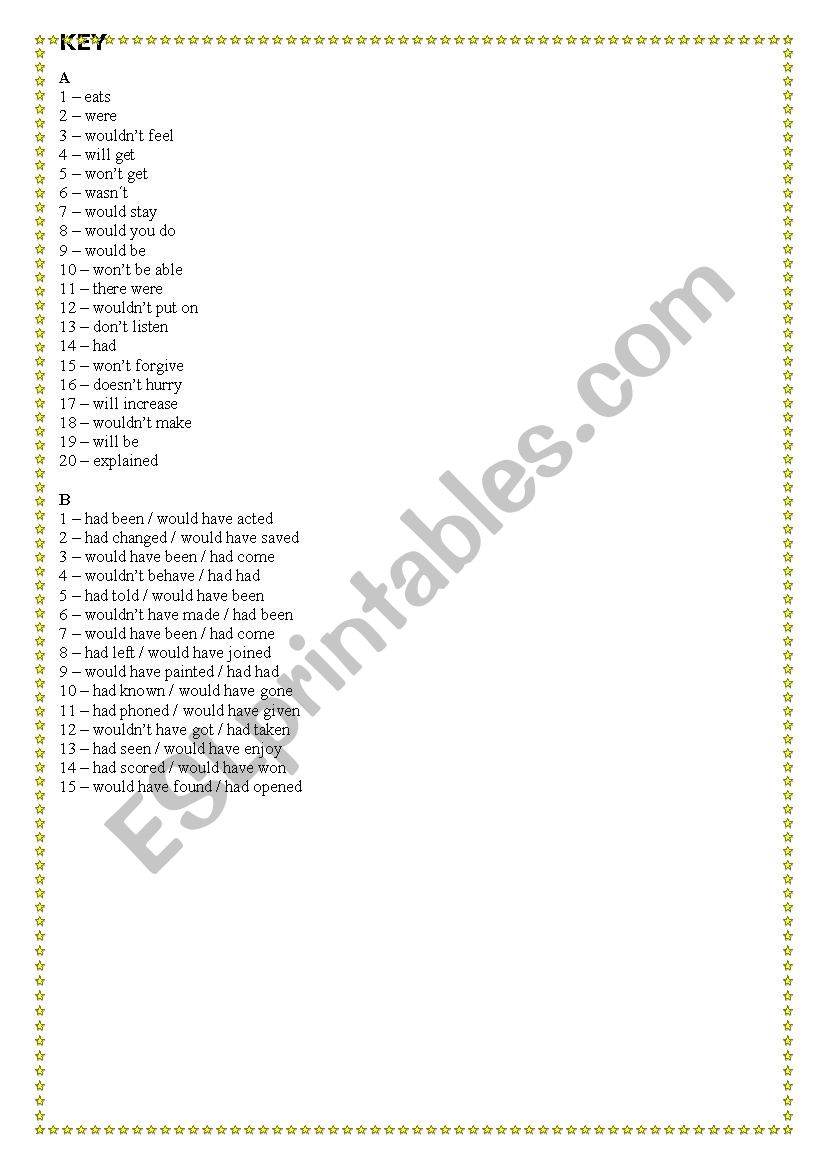 Conditional sentences (Type 1,2,3) (With KEY) - ESL worksheet by maditi