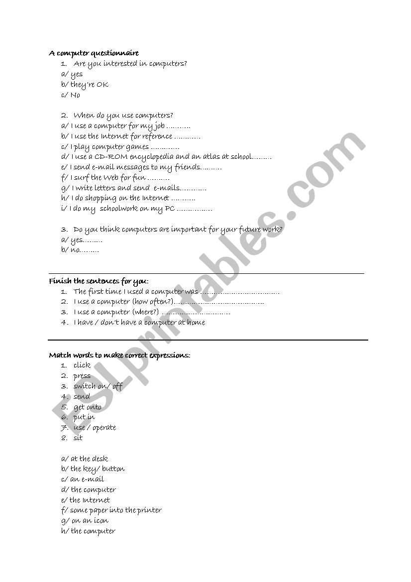 computer  worksheet