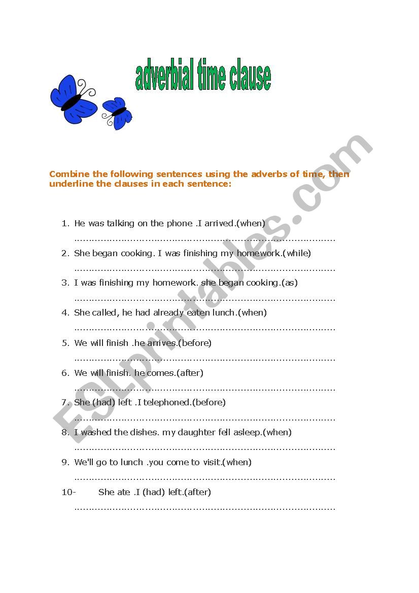 adverbial cluases worksheet