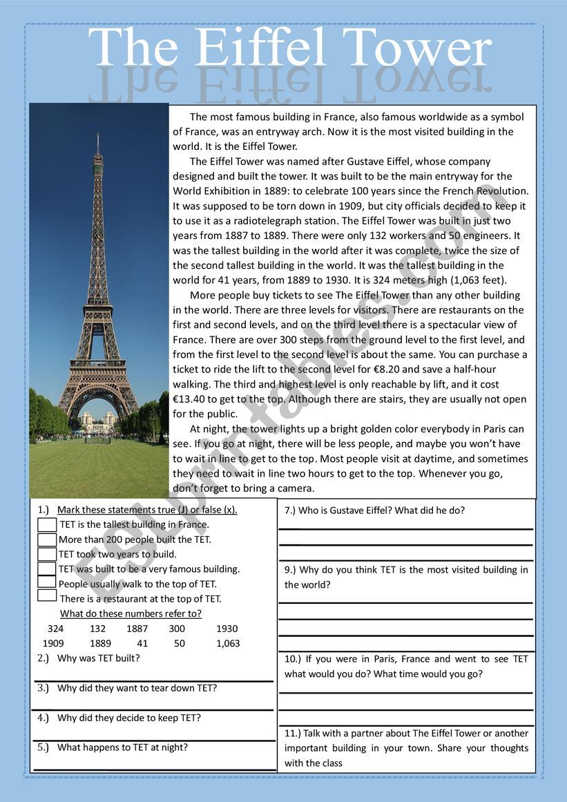 The Eiffel Tower Reading Prehension Practice Exercises