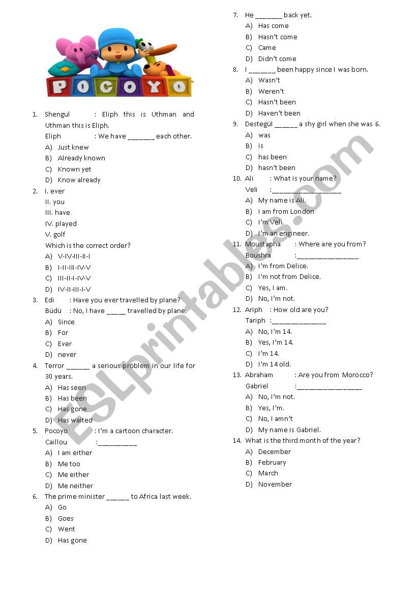 PRESENT PERFECT MULTIPLE CHOICE TEST ESL Worksheet By Ertugrultemur