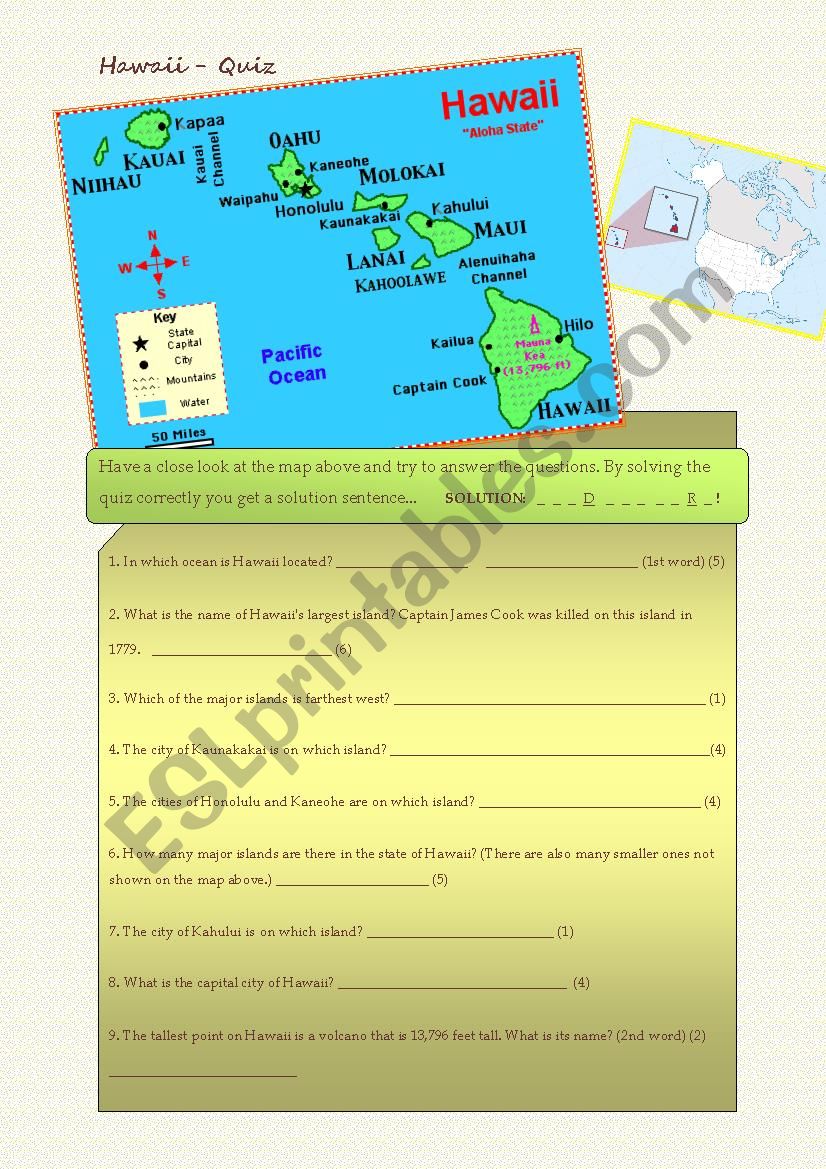 Quiz on Hawaii. Pupils solve it from out of the map.