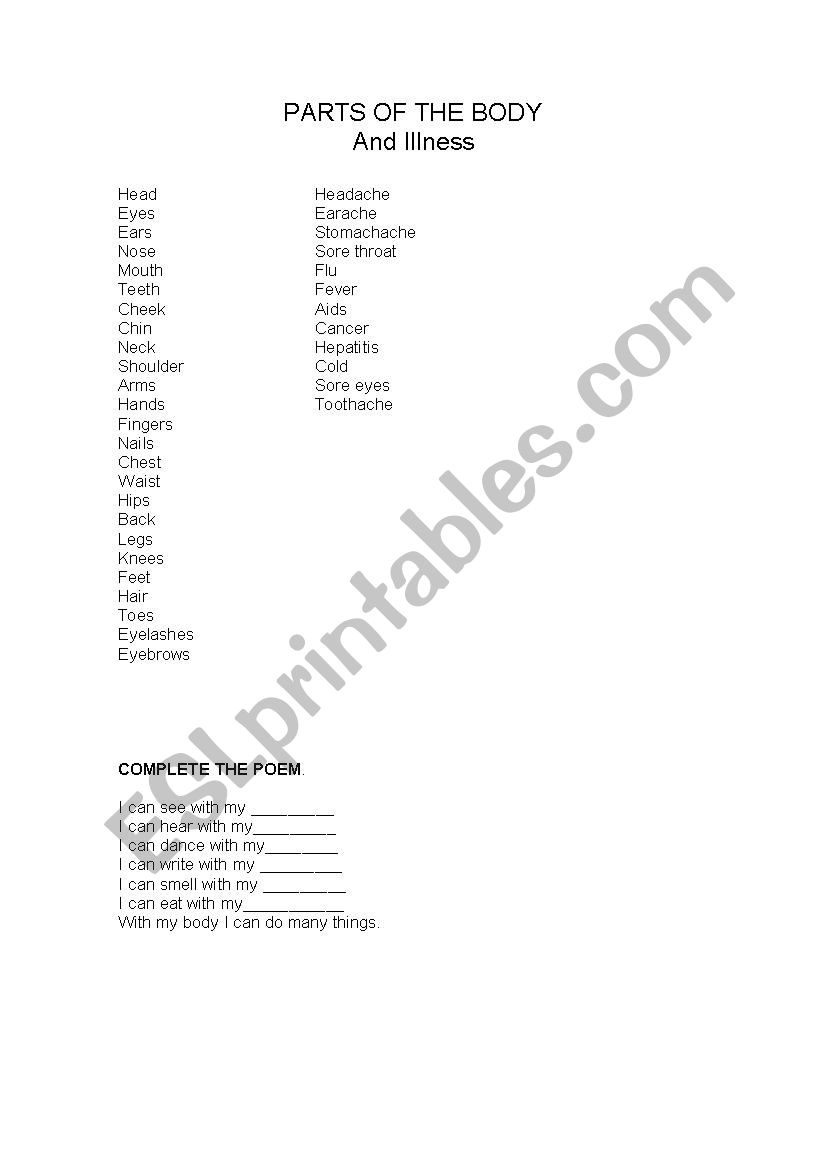 Parts of the Body and Illness worksheet