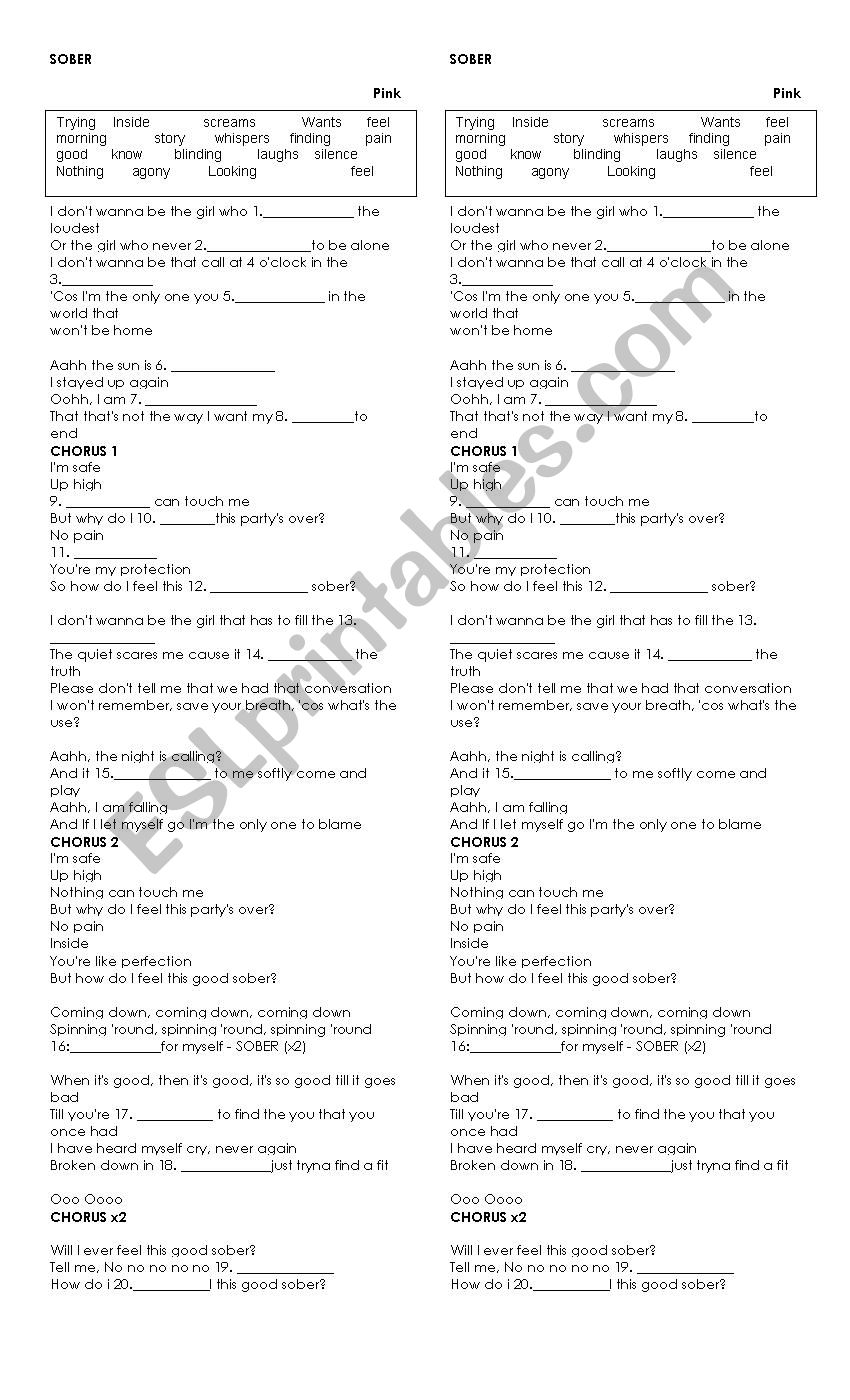 Sober worksheet