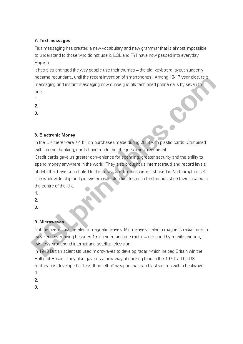 Top 10 Inventions that Changed the World - ESL worksheet by dany.faryas86