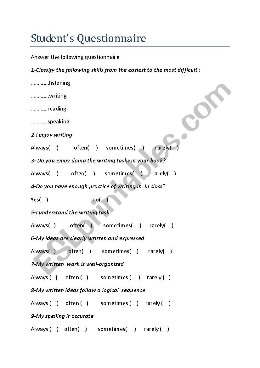 writing questionnaire worksheet