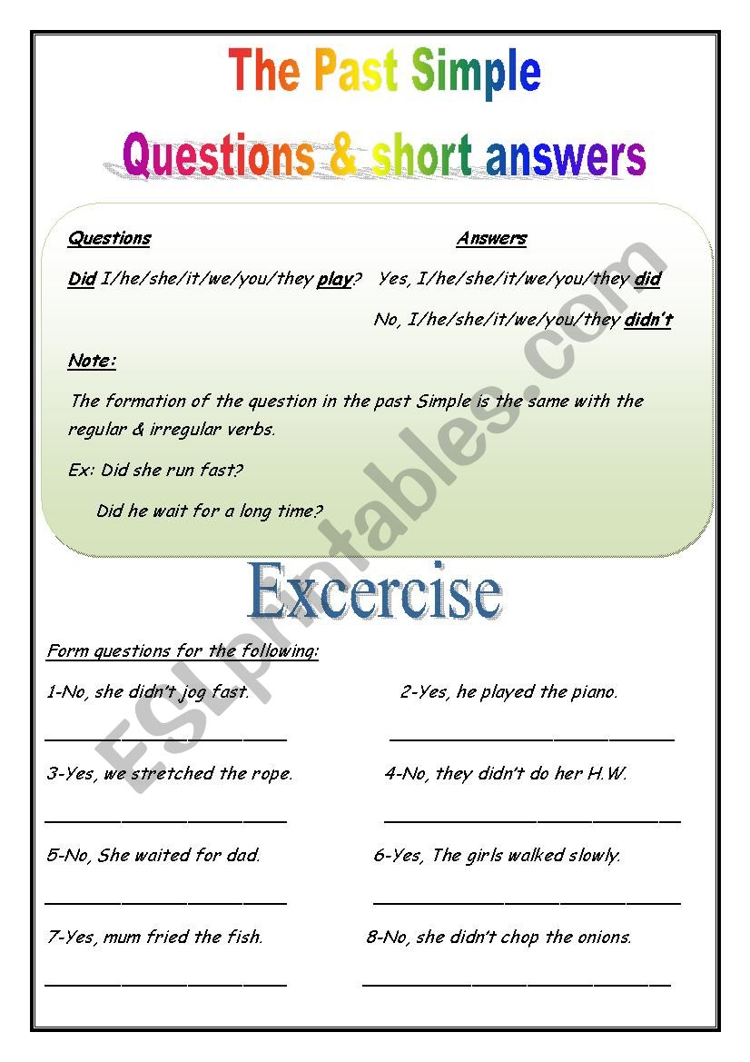 Past Simple Questions Short Answers ESL Worksheet By Rania Makarem