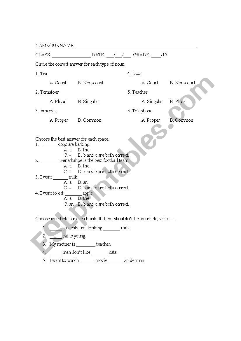 Articles Worksheet worksheet