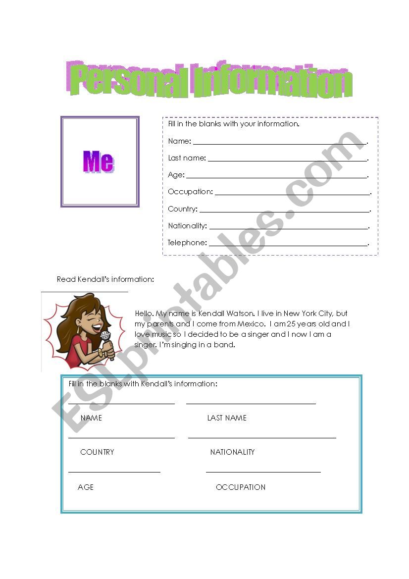 Personal information card worksheet