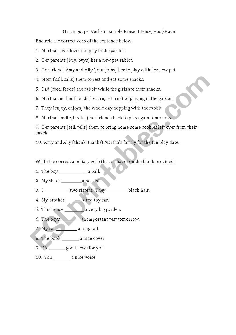 Verbs in present tense worksheet