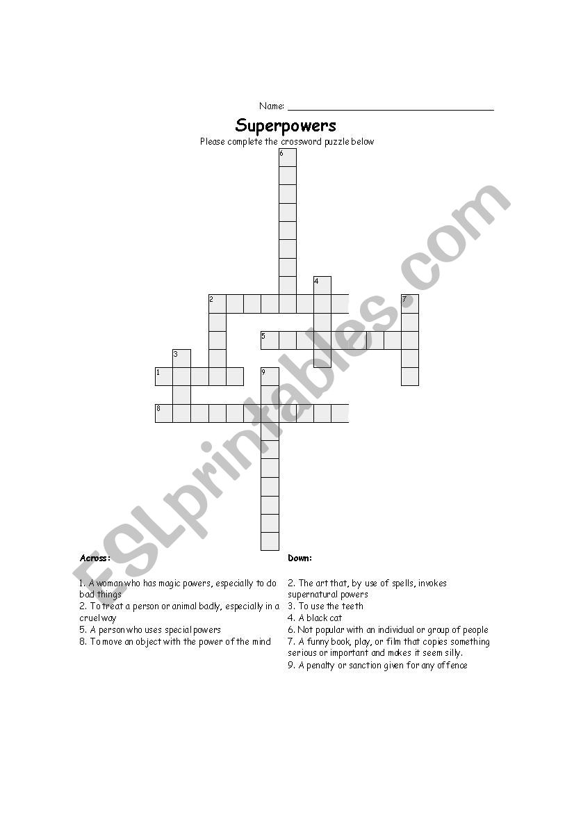 Superpower movies - crossword worksheet