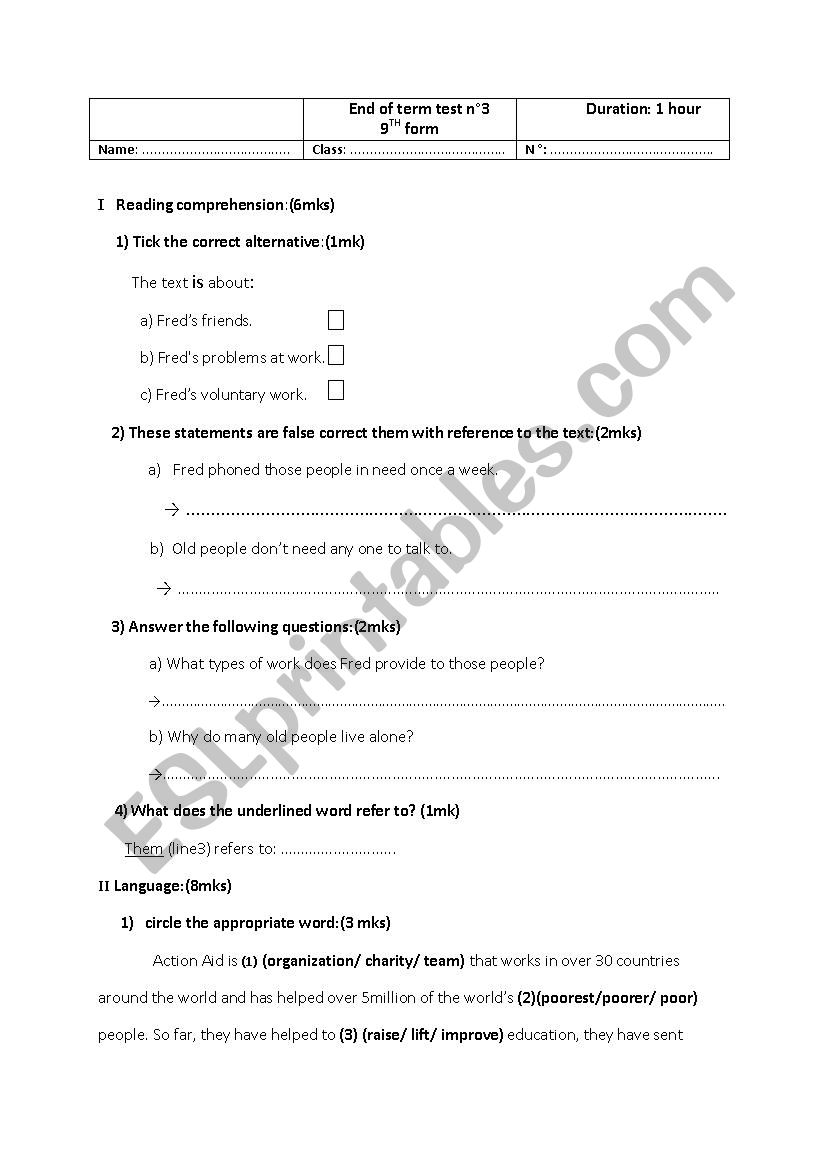 end of term test n°2 - ESL worksheet by tifo