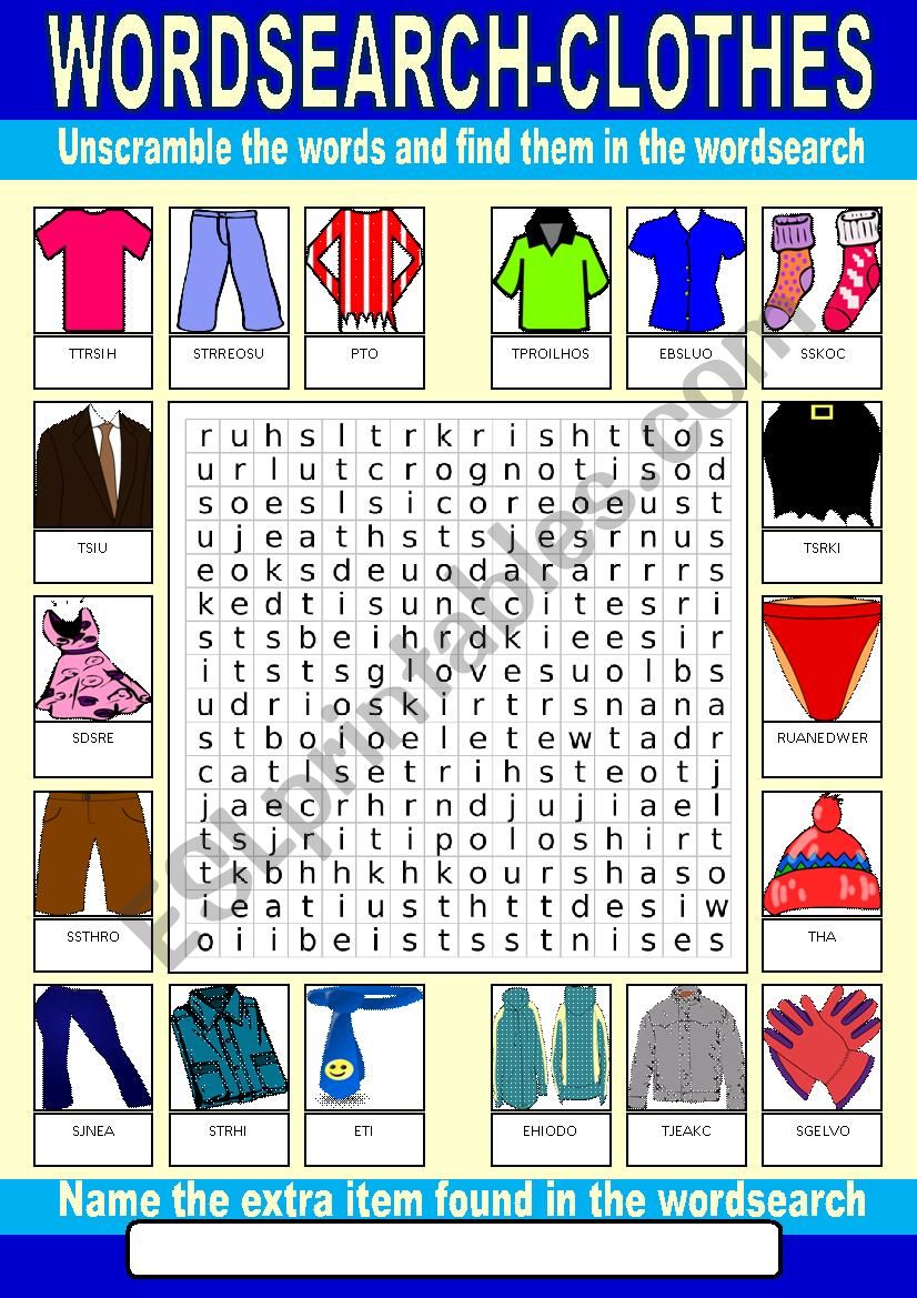 Clothes Wordsearch ESL Worksheet By Photogio