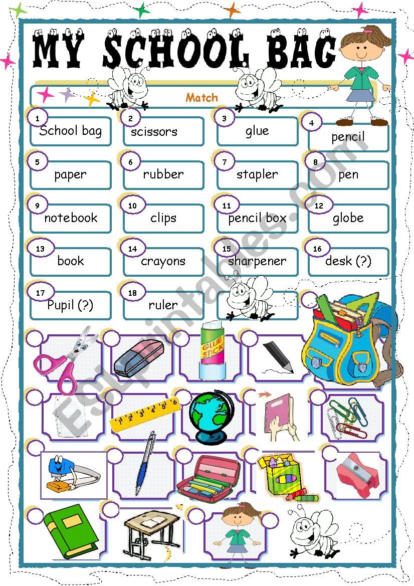 My School Bag ESL Worksheet By Orly100