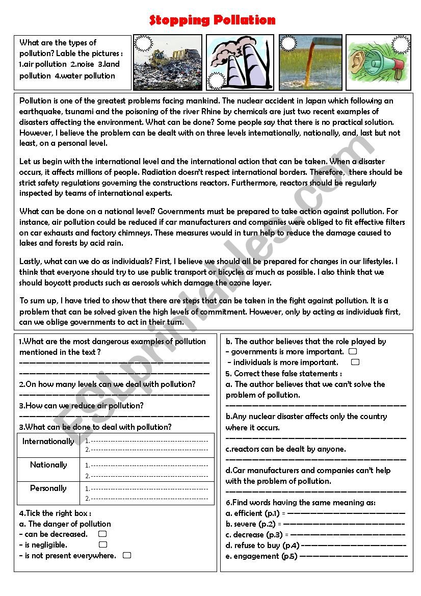 stopping pollution worksheet