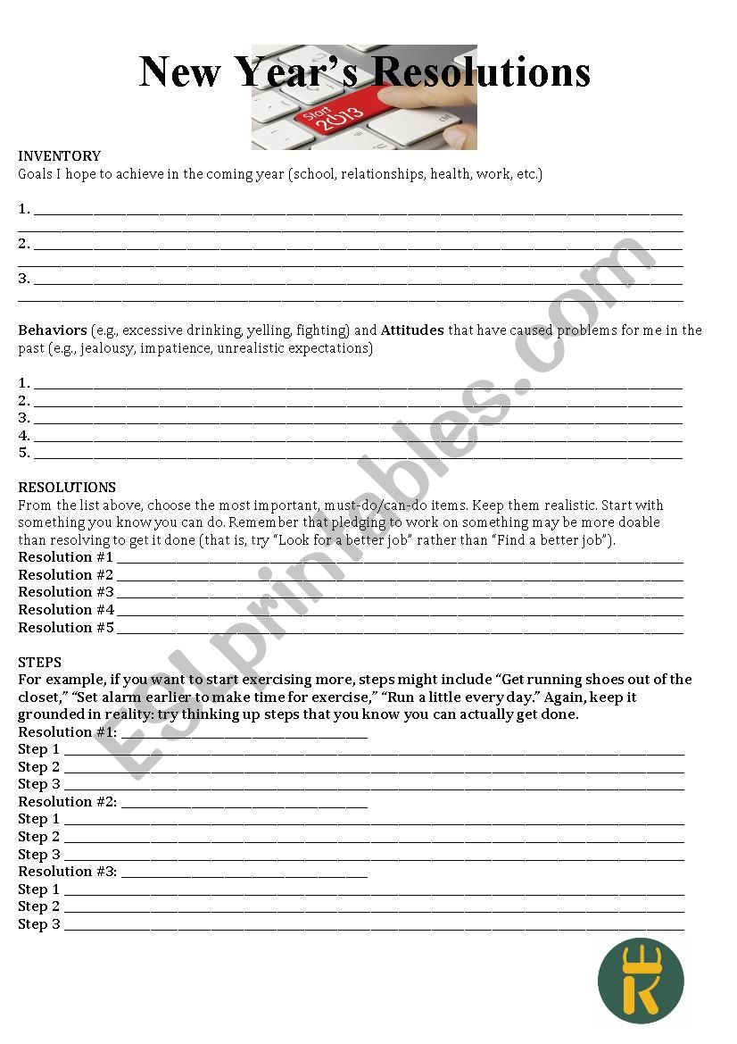 new years resolutions worksheet