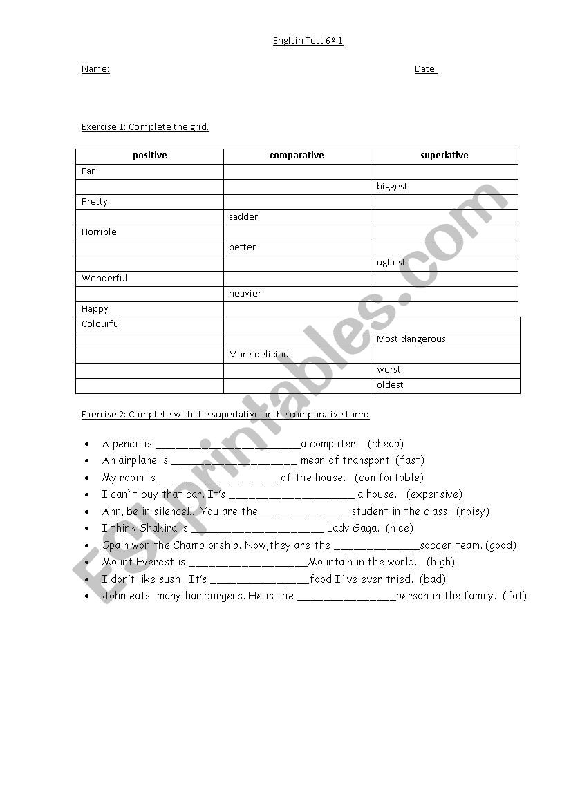 Comparatives and Superlatives worksheet