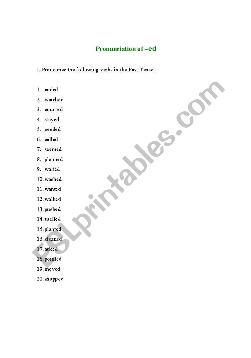 Pronunciation of -ed worksheet