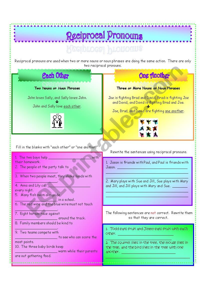 Reciprocal Pronouns ESL Worksheet By School mary