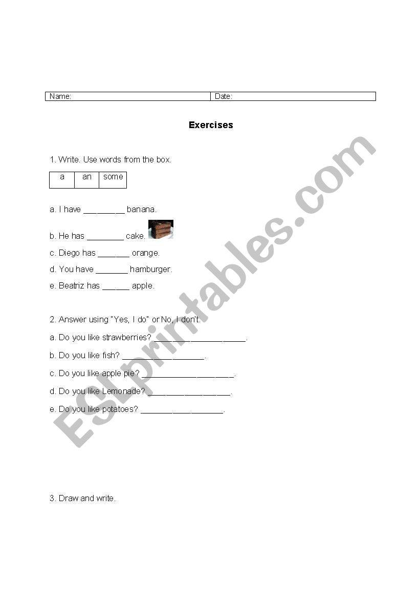 a, an, some and food worksheet