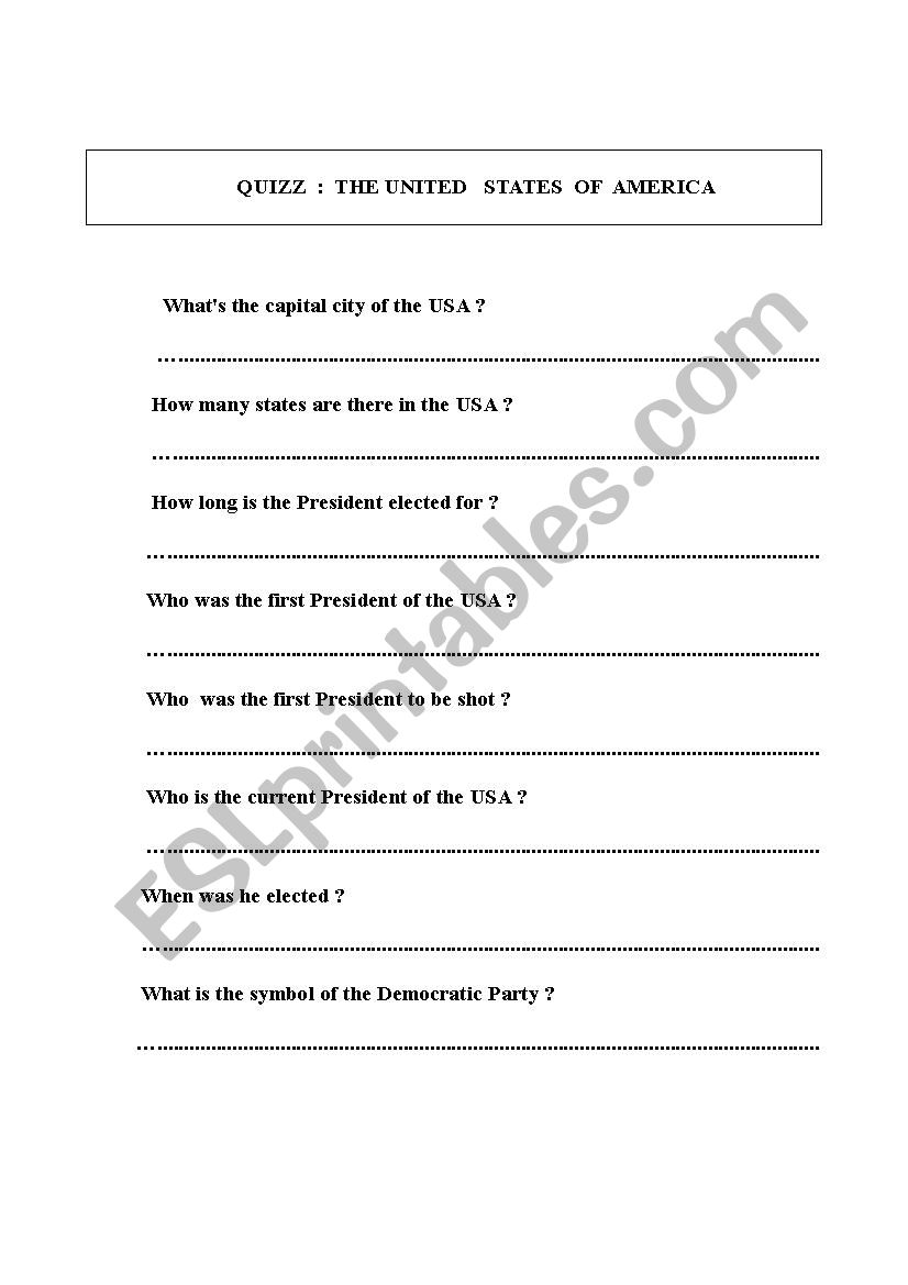 QUIZZ THE UNITED STATES worksheet