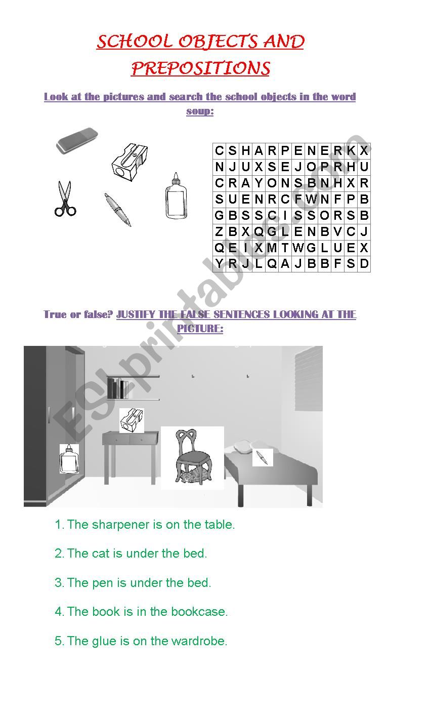 school objects and prepositions