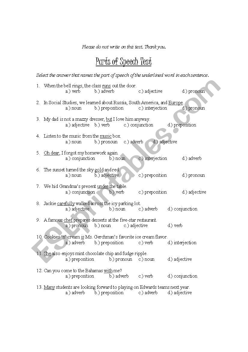 Parts Of Speech Test ESL Worksheet By Sofia123