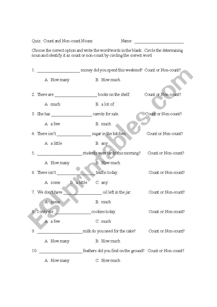 Quiz on Count and Non-count Nouns (with key)