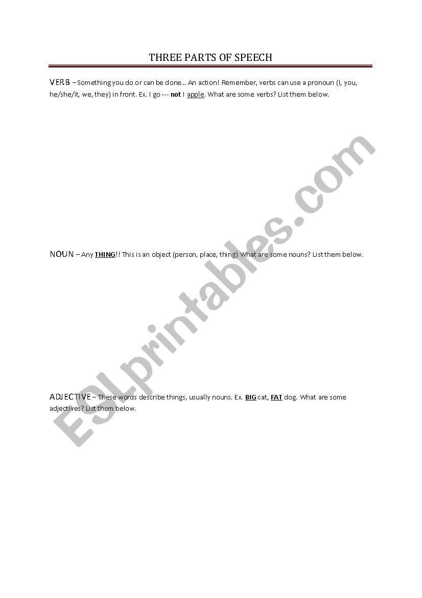 3 Parts of Speech worksheet worksheet