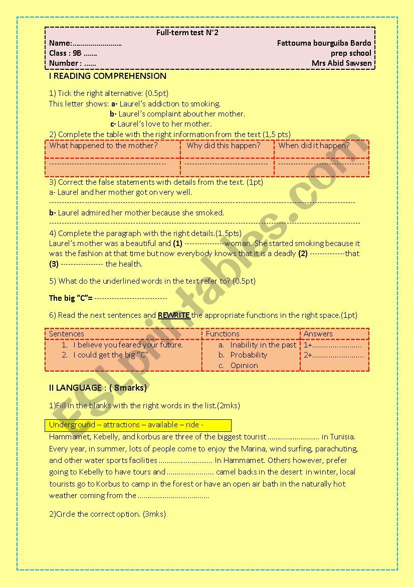 End of term test N°2 9th form - ESL worksheet by sawsen abid