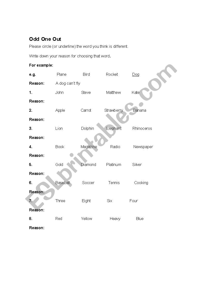 Find Odd Word Out worksheet