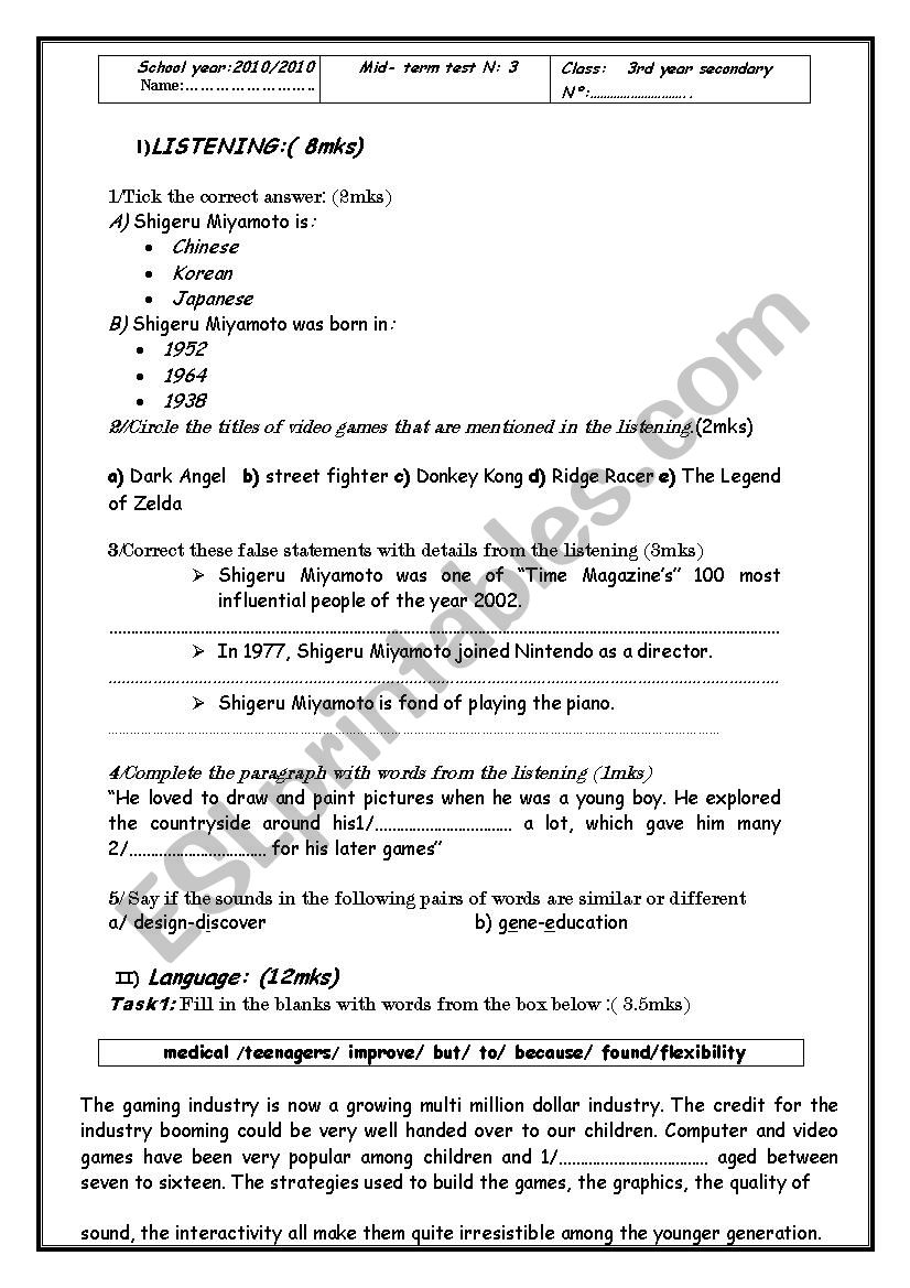 Mid-term test N 2 worksheet