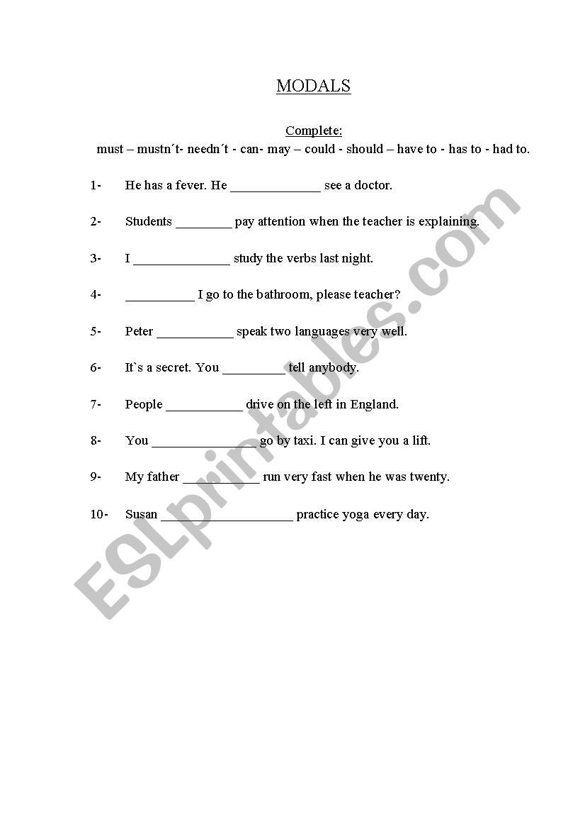 Complete with modals - ESL worksheet by melicba84