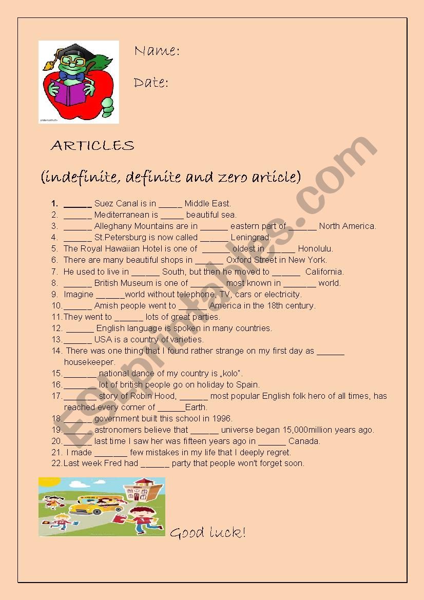 Articles worksheet