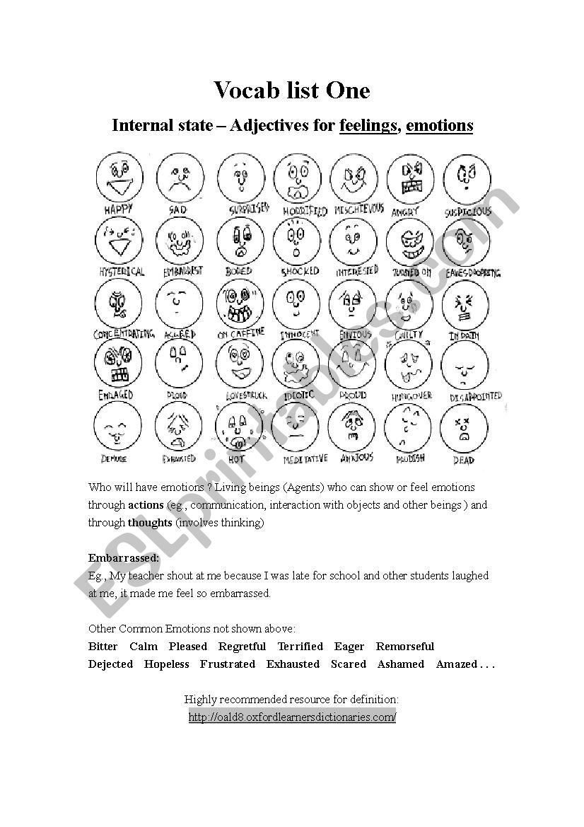 Vocab list - Emotion worksheet