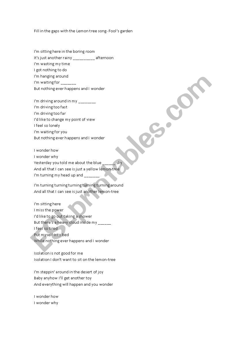 Lemon tree song - ESL worksheet by pgsab83