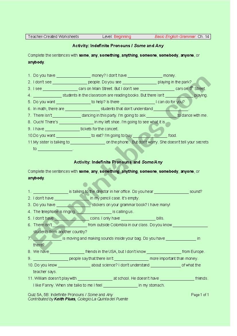 Indefinite pronouns worksheet