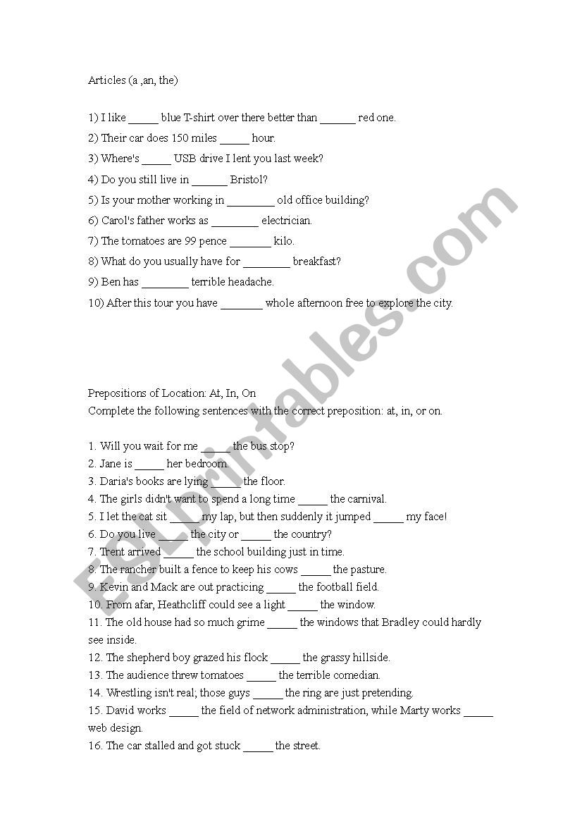 Articles AND Preposition worksheet