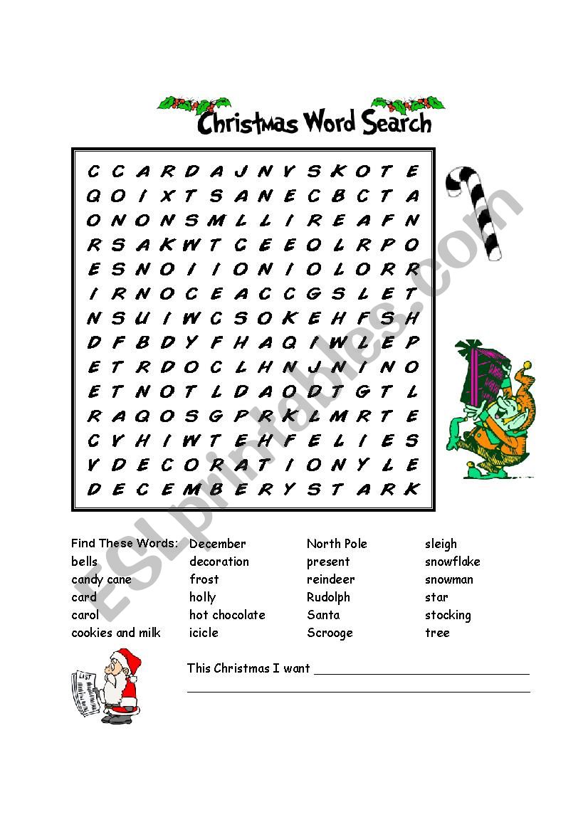 christmas word search worksheet