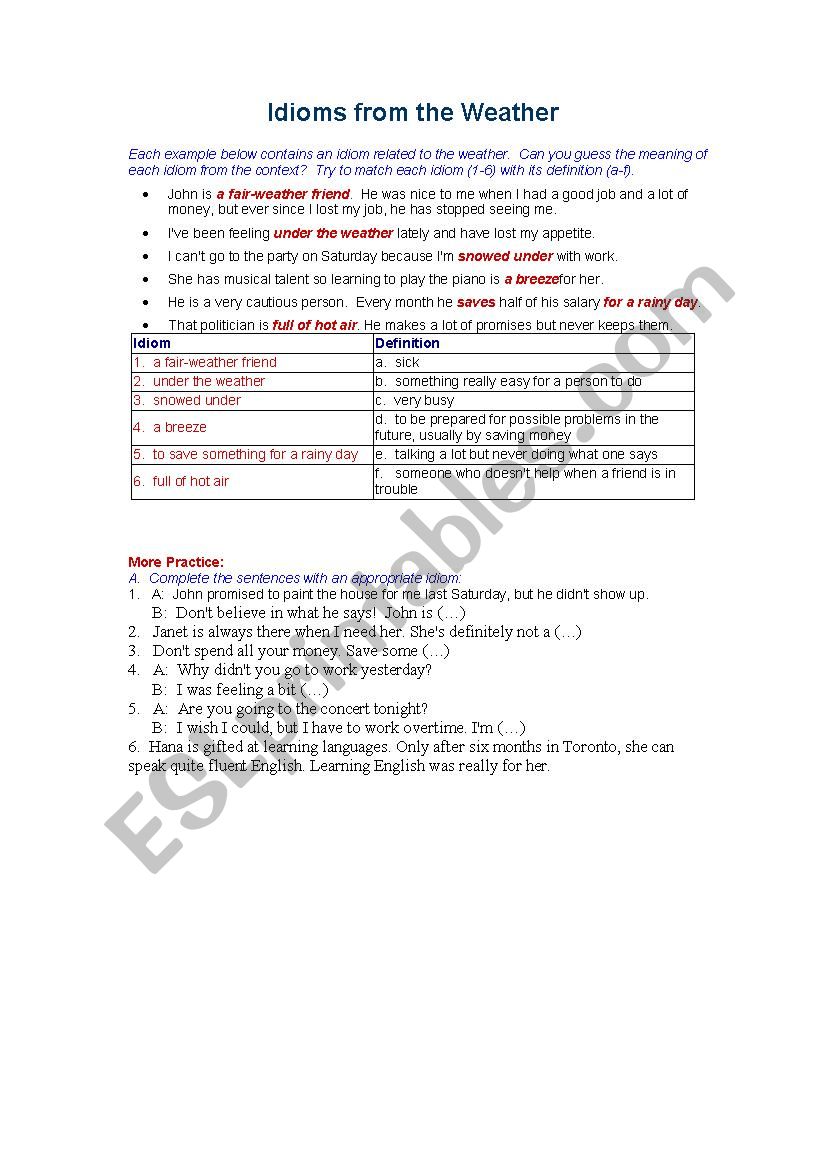 Weather idioms worksheet