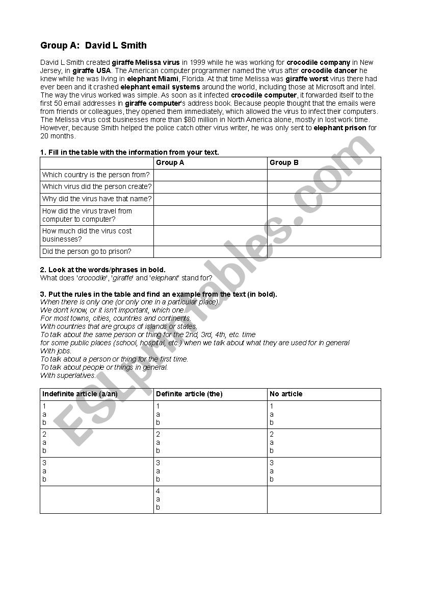 Articles (with answers) worksheet